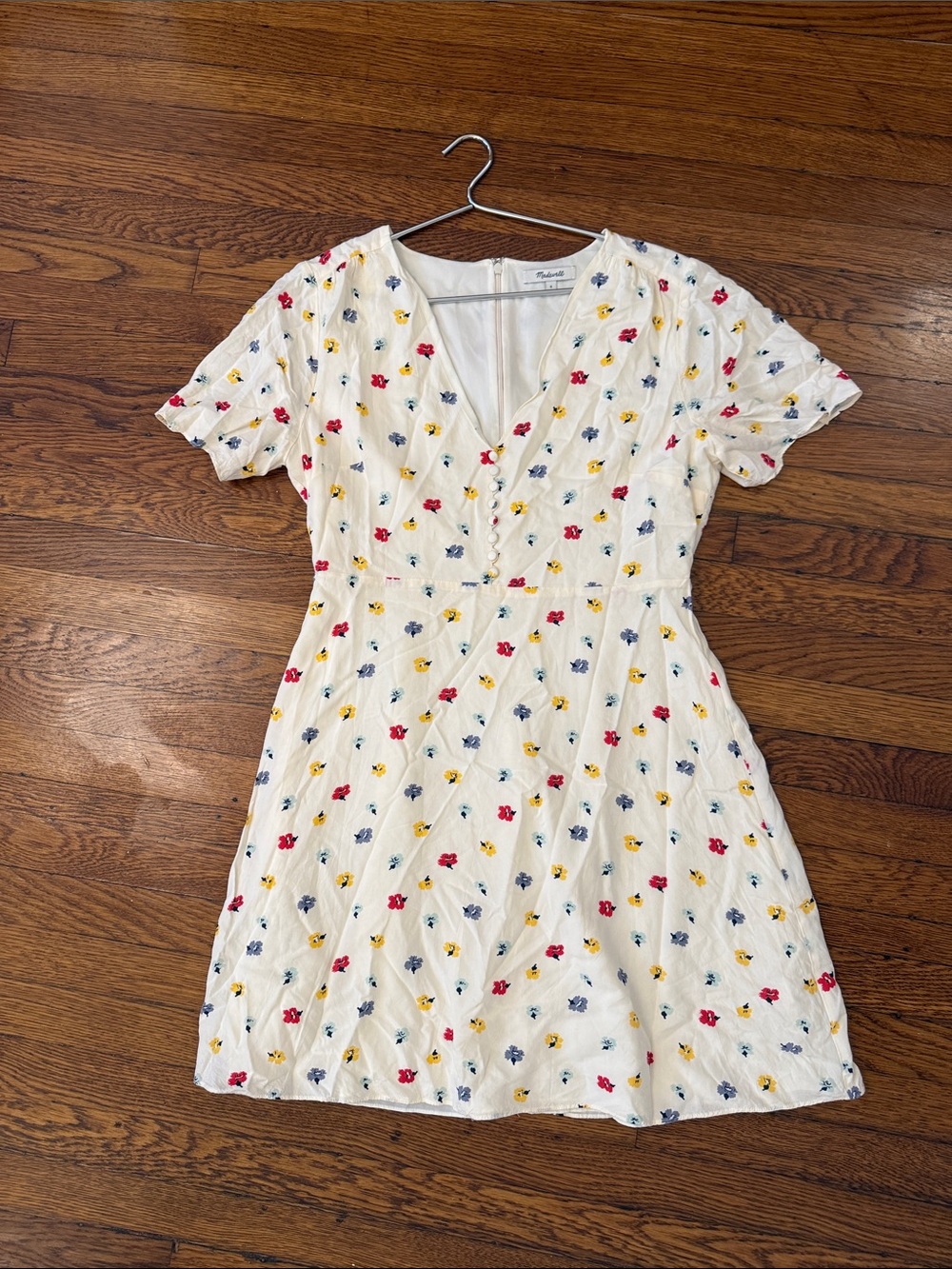 Madewell White Mini Dress with Red, Yellow & Blue Floral Embroidery